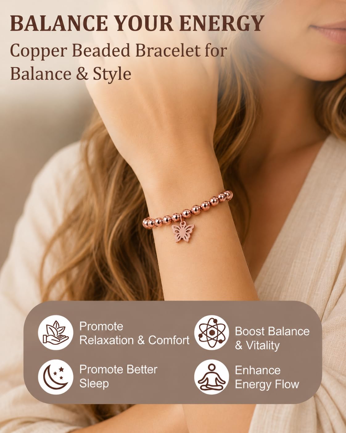 Copper Beaded Bracelet for Women Men (copper-butterfly)