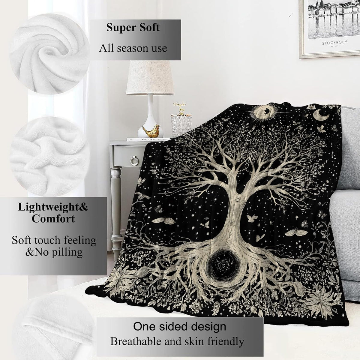 Tree of Life Retro Blanket Mystical Spiritual Seekers Black Throw Blankets (50x60in / Tree of Life)