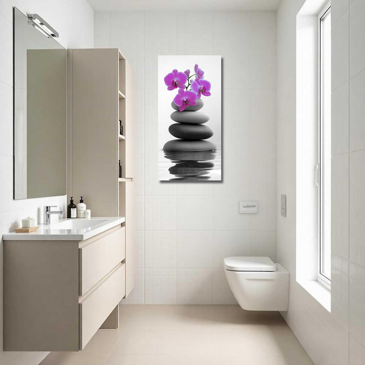 Black and White Bathroom Pictures Zen Wall Art Stone Orchid on Water Poster Prints Floral Relax Grey Canvas Paintings Office Decor Framed (Pink / 24L" x 12W")