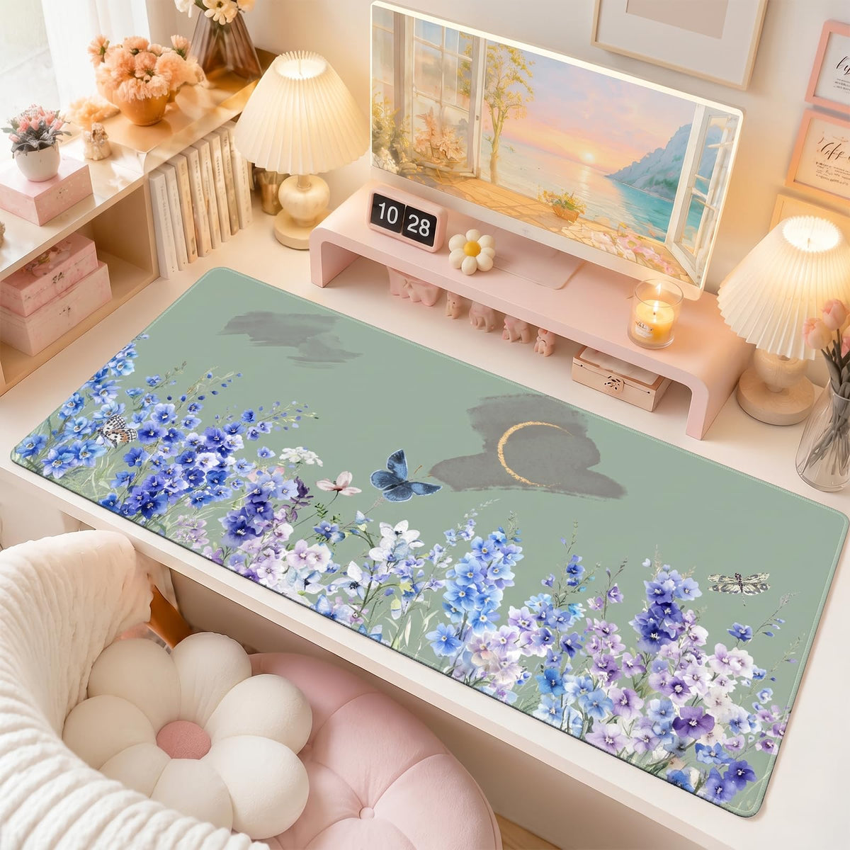 Sage Green Desk Mat (Flower Cluster / 35.4" x 15.7")