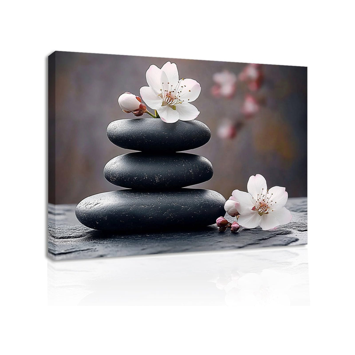 Zen Canvas Wall Art Black Stones with Cherry Blossoms Print Framed Artwork Poster for Yoga Meditation Room Spa Bathroom Decor (WE000050-6 / 36"L x 24"W)