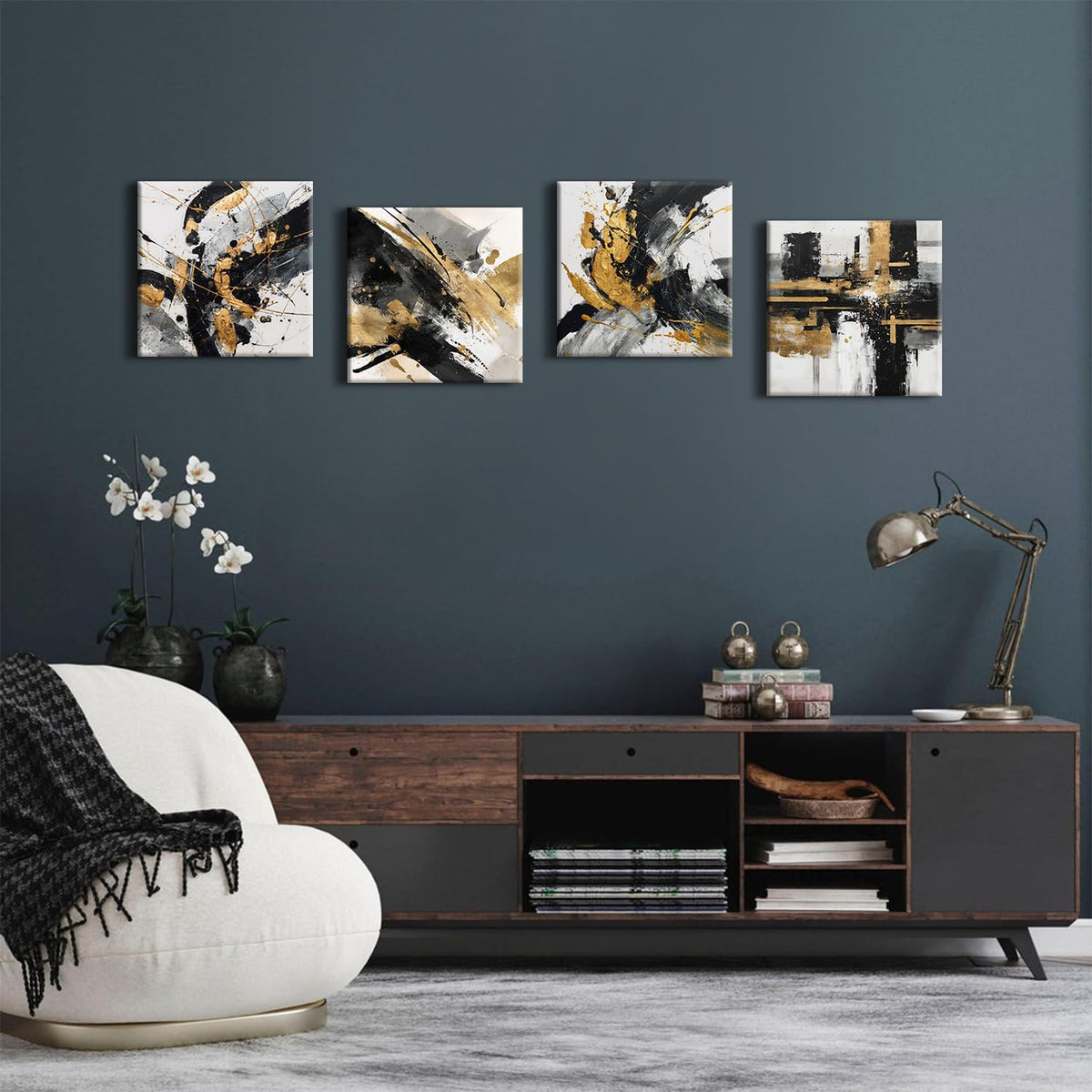 Abstract Black and Gold Wall Art for Bathroom Marble Pictures for Walls Modern Black White and Gold Texture Canvas Prints Painting Neutral Posters Artwork Living Room Home Decorations 12x12” 4Pcs (12"L x 12"W / Abstract)