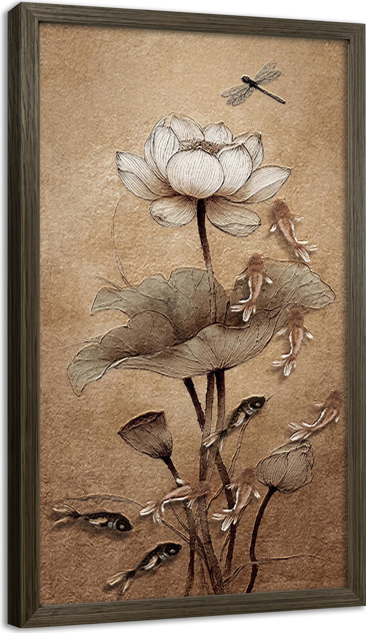 Vintage Japandi Lotus Koi Fish Dragonfly Framed Wall Art (Lotus Pond / 24"L x 12"W)