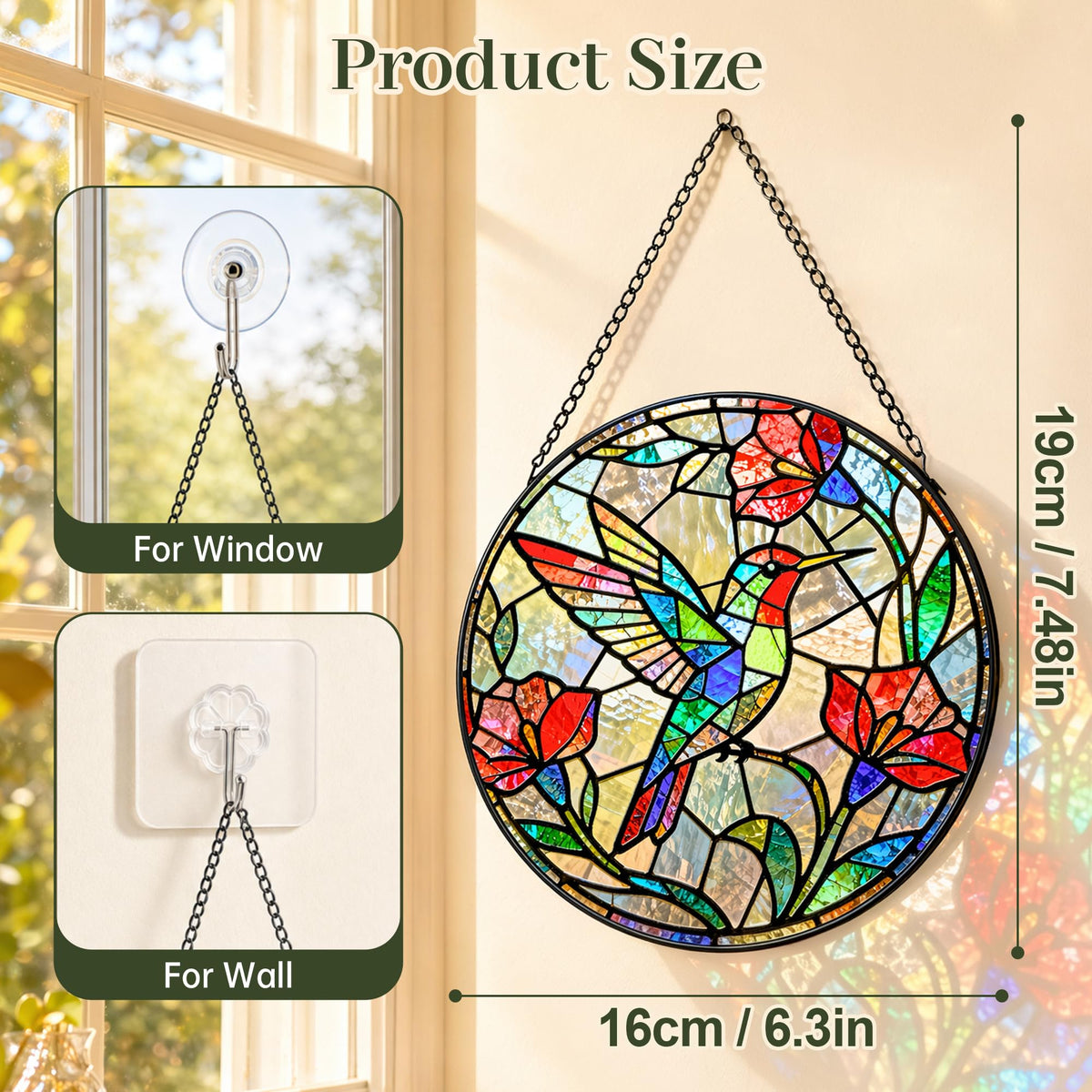 Hummingbird Suncatcher Stained Glass Window Hanging (Red Hummingbird 6.3)