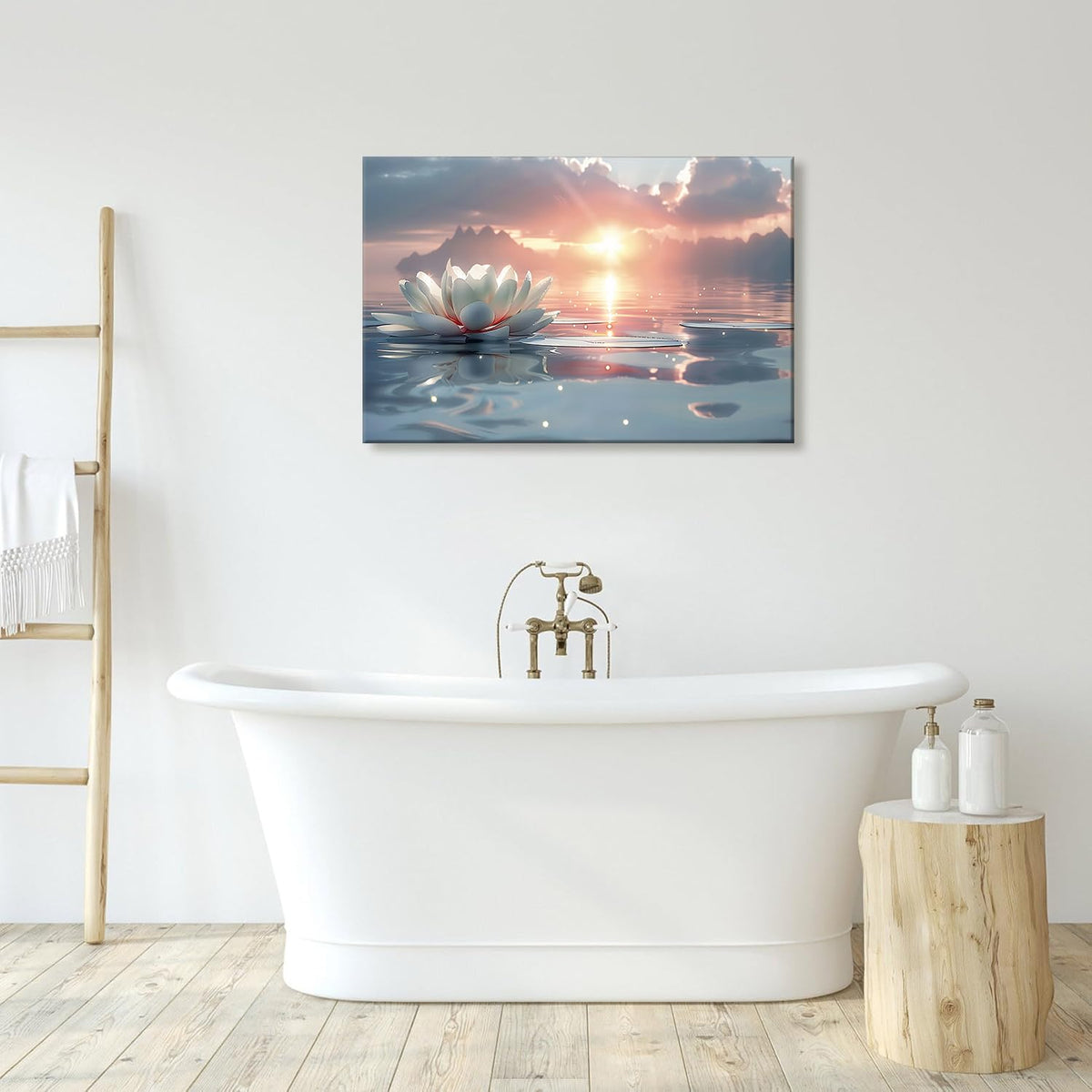 Zen White Lotus Wall Art Sunrise Meditation Canvas Wall Decor Spa Yoga Still Life Painting Prints Relaxing Spiritual Just Breathe Aesthetic Posters Pictures Modern Spiritual Inspiration Framed (12"L x 16"W / Canvas)