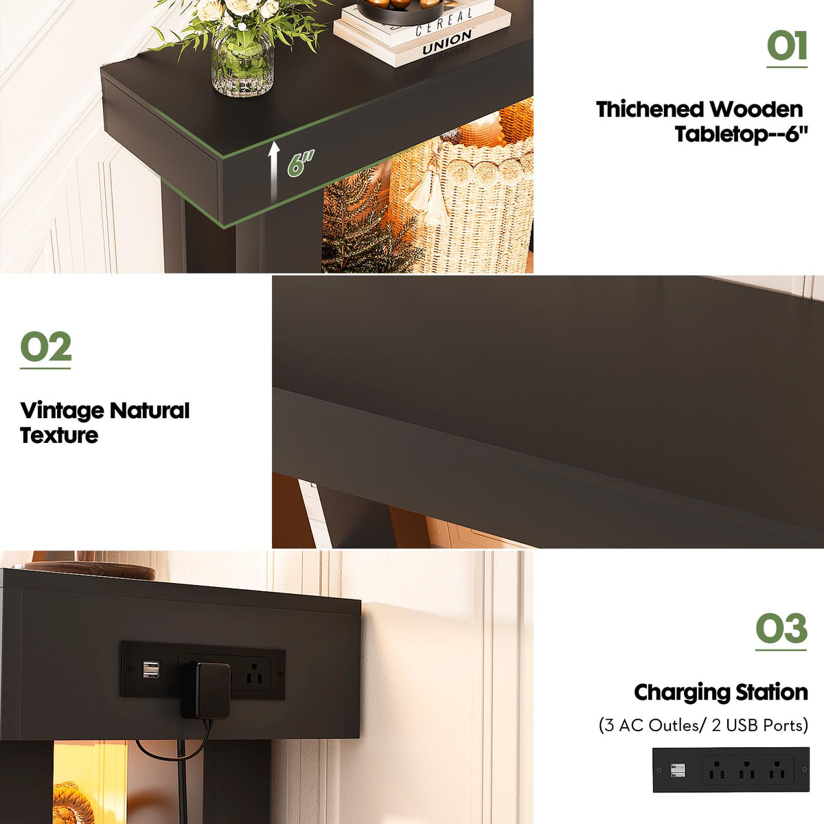 47" Entryway Table with Sensor Light & AC Outlets with USB (Black / 47IN)