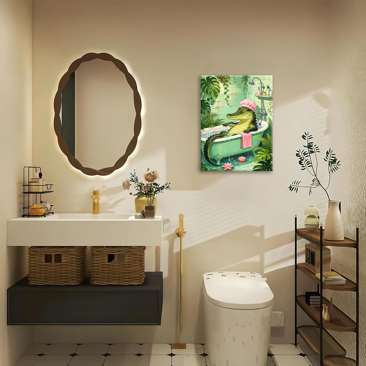 Bathing Crocodile Canvas Wall Art Funny Bathroom Framed ArtWork 12"x16" (Bathing Crocodile / 16"L x 12"W)