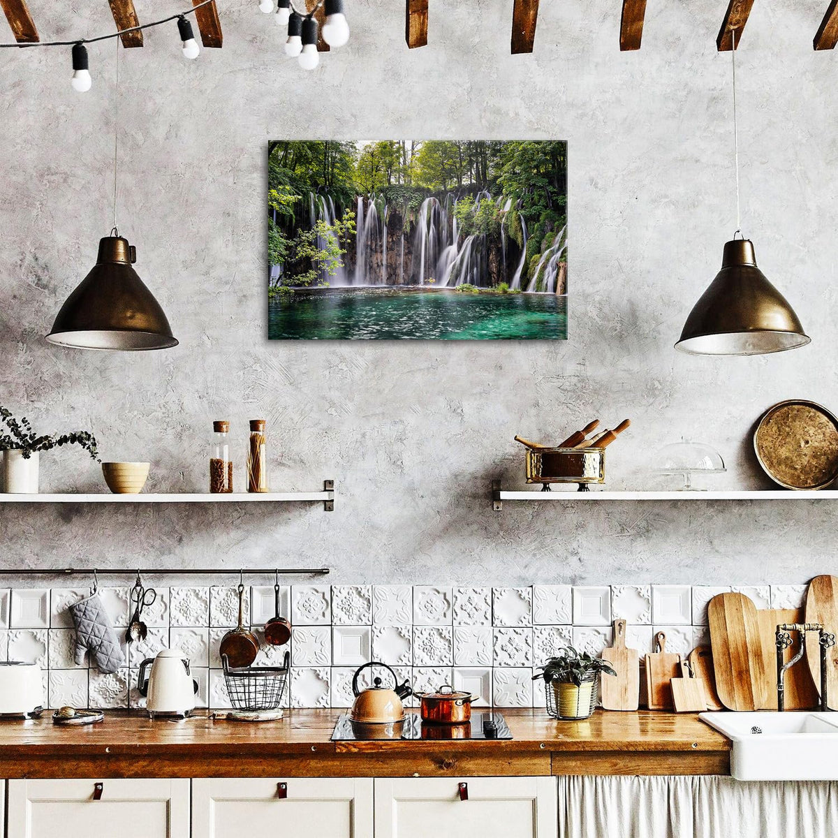 Rustic Waterfall Wall Art Nature Green Forest Pictures for Bedroom National Park Posters Mount Lake Scenic Canvas Prints Landscape Artwork Wall Decor Living Room Bathroom Office Home Decoration 20x30" (30"L x 20"W / Waterfall)