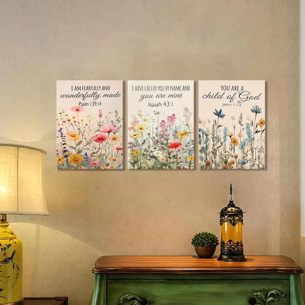 3Pcs Christian Floral Scripture Canvas Wall Art (Flower canvas / 24L"x16W")