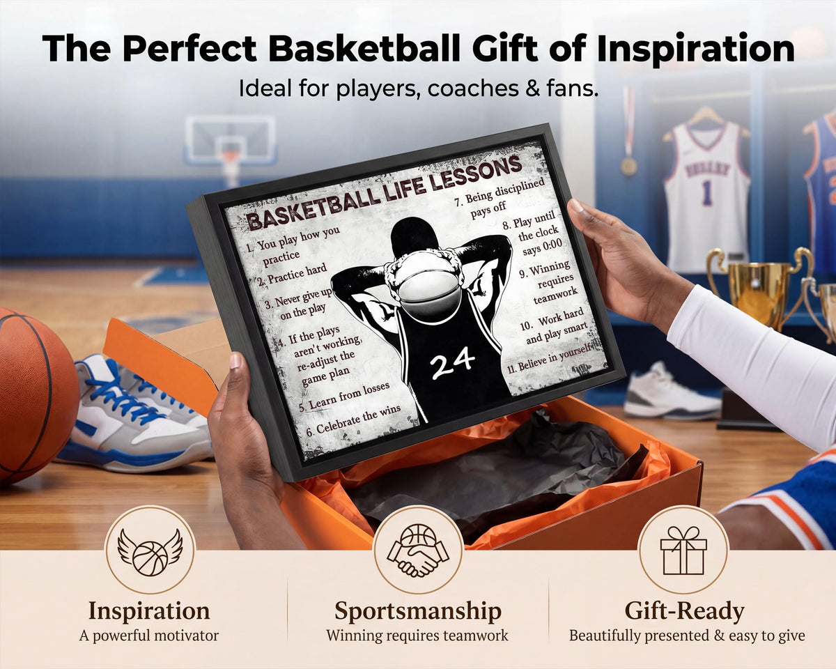 Black Framed Basketball Life Lessons Canvas Wall Art 24x36in (Basketball inspiration / 16"L x 12"W)