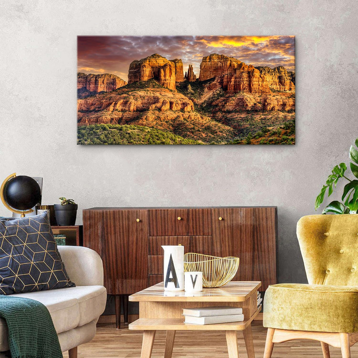 Sedona Cathedral Rock Canvas Wall Art Sunset Mountain Desert Wall Decor National Park Poster Southwestern Landscape Picture Arizona Painting Natural Artwork for Bedroom Living Room Decoration 24x48" (48"L x 24"W / Cathedral Rock)