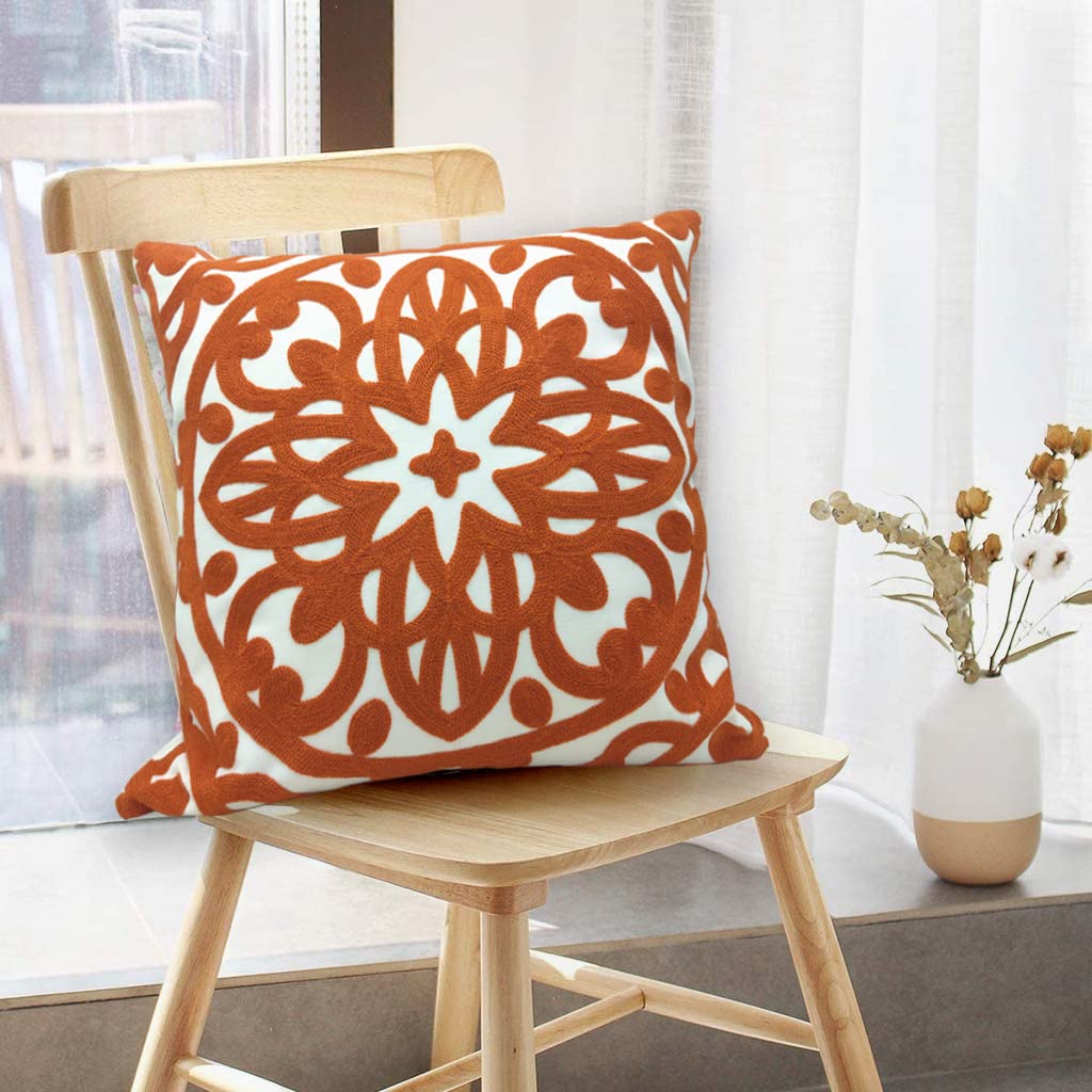 Boho Embroidered Throw Pillow Cover 20"x 20" (Burnt Orange / 20" x 20" (Pack of 1))