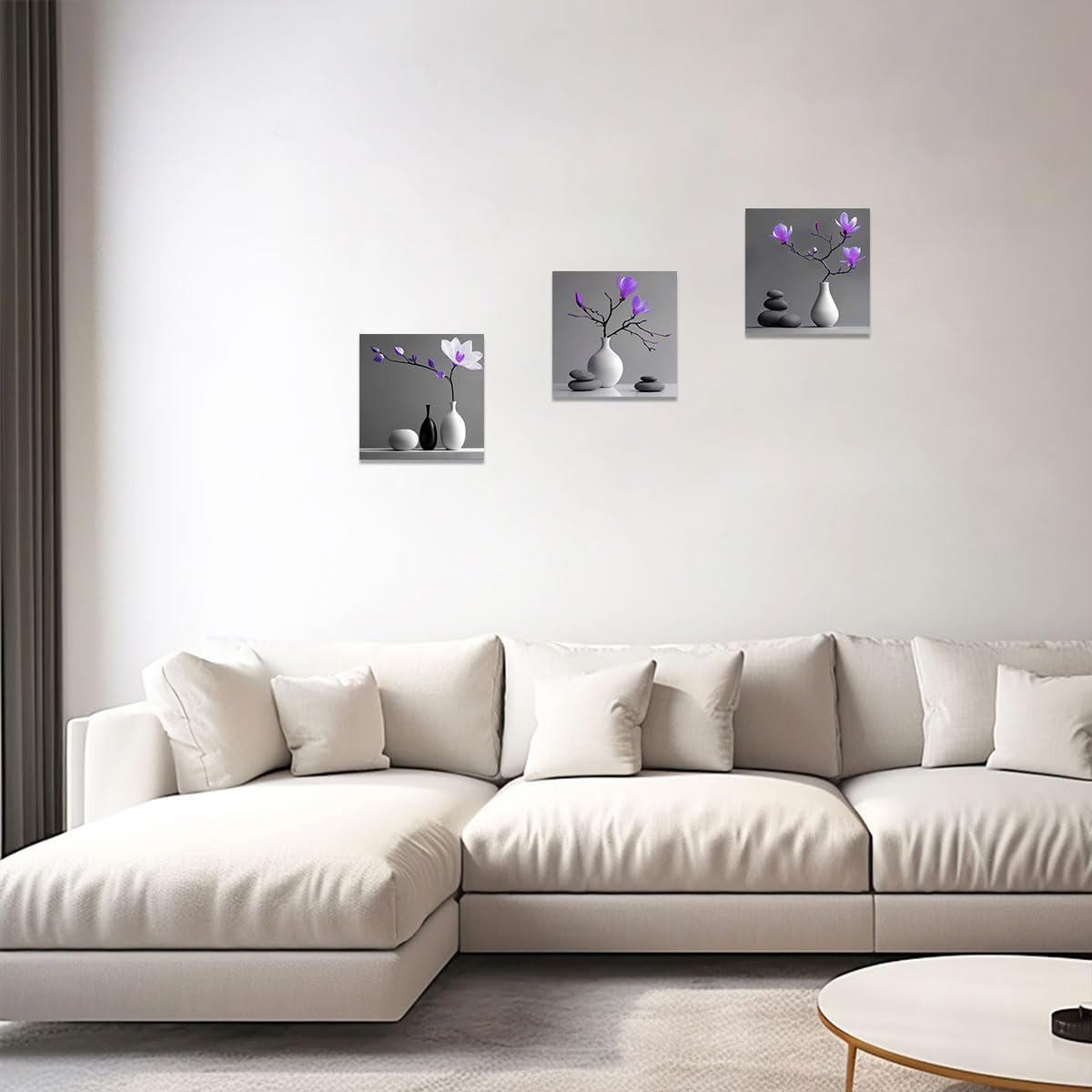 3 Piece Zen Wall Art Zen Flowers Pictures Black And White Grey Artwork Magnolia Stone Canvas Prints Bathroom Spa Decor Framed (Purple / 12"x12"x3 Pieces)