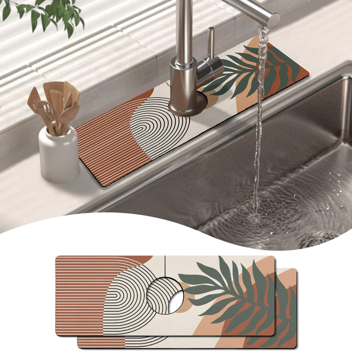 2 Pack 2 Pack Kitchen Sink Splash Guard Faucet Mat 15" X 5.5" Boho Absorbent Fast Drying Mat Faucet Draining Mat Sink Splash Guard Behind Faucet Drip Catcher for Kitchen Bathroom (15*5.5inx2 / boho)