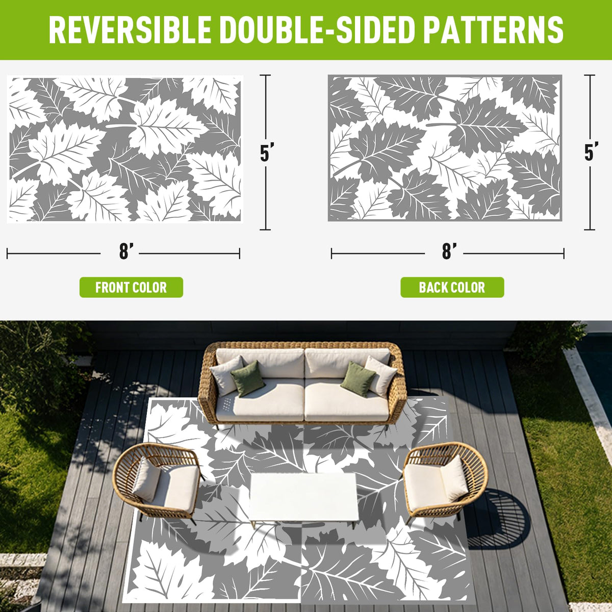 Outdoor Rug 5x8 ft Waterproof plastic Mat For RV Backyard Deck Patio Grey (Maple Leaf / 5x8 Feet)
