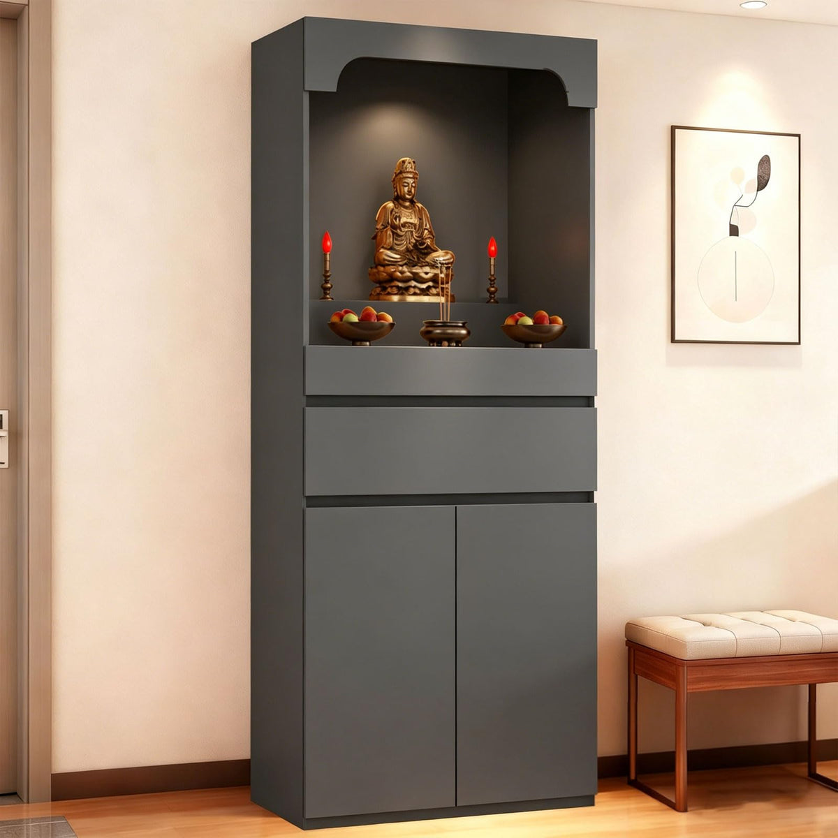 Altar Table Pooja Cabinet with Drawers and Storage Cabinets (27.6×15.7×65.4in / Dark Gray)
