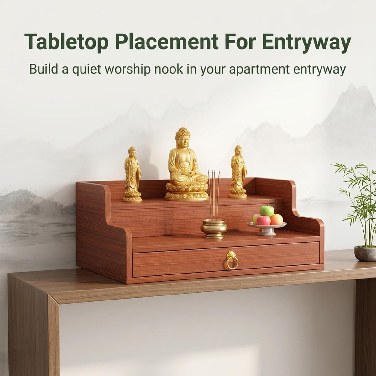 2 Tier Wall Mounted Buddha Altar Shelf with Drawer (Teak / 50CM/19.7IN)