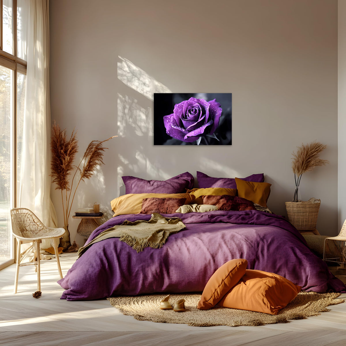 1 Panel Purple Flower Pictures Canvas Wall Art Purple Black and White Purple Rose with Dewdrops Artwork Painting on Canvas Stretched and Framed for Home Decor Living Room 12x18 inch (18"L x 12"W / Purple Flower 12)