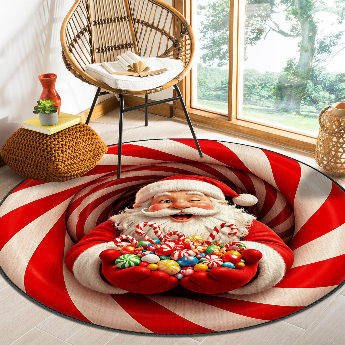 Christmas Santa Candy Cane Round Area Rug 4ft (101 / 4' (Round))