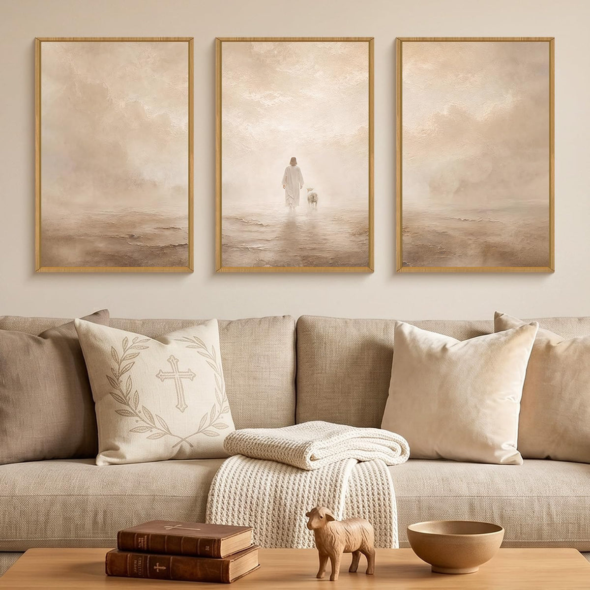 Christian Jesus and Lost Lamb Framed Canvas Wall Art (Jesus and the Lost Lamb Wall Art / 16"L x 24"W)