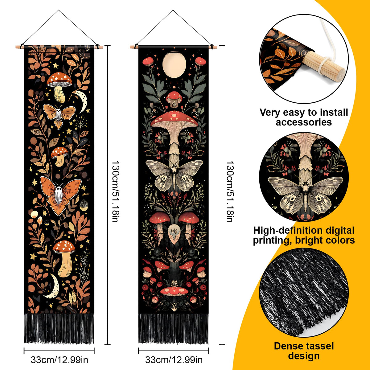 Pack of 2 Long Vertical Tapestry (Mushroom Butterfly / 13"Wx51"H)