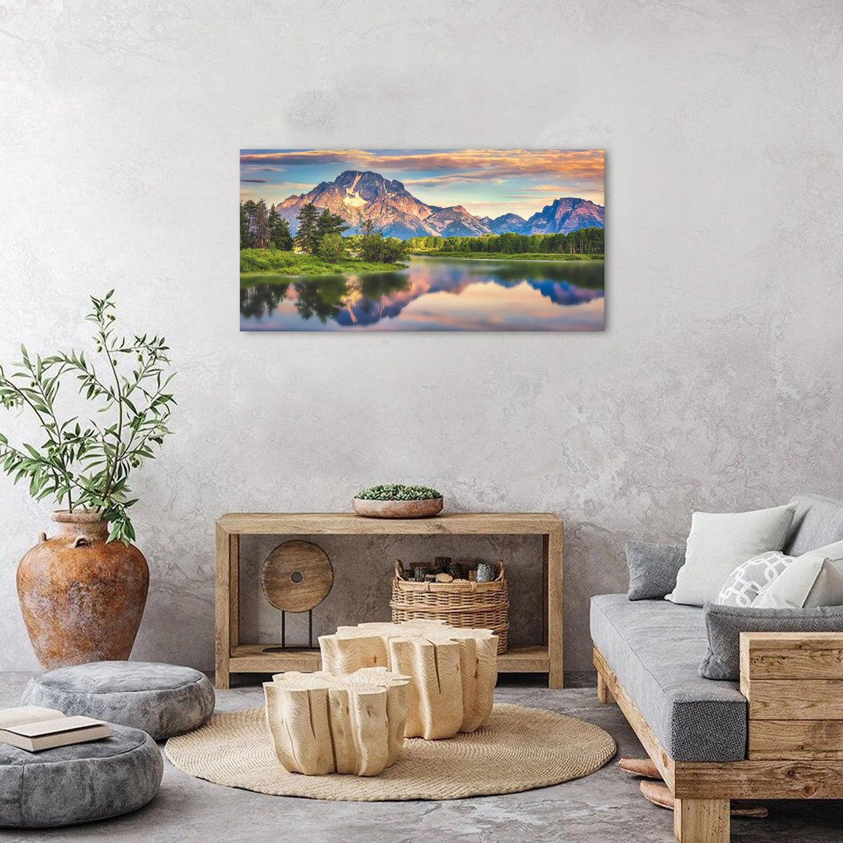 Nature Canvas Wall Art Mountain Forest Picture Oxbow Bend Grand Teton Landscape Poster for Bedroom Nature Sunset Snake River Scenery National Park Prints Artwork Living Room Home Decoration 20x40" (40"L x 20"W / Wyoming Mountain)