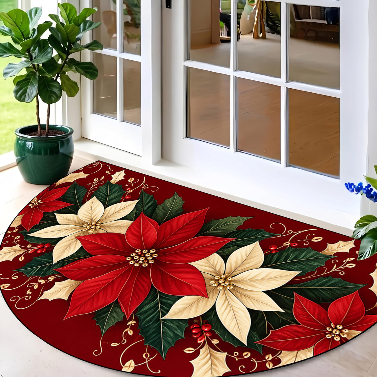 Christmas Poinsettia Half Round Doormat 35.4 x 23.6 Inch (Red Poinsettia / 1'11" x 2'11" (Semicircular))