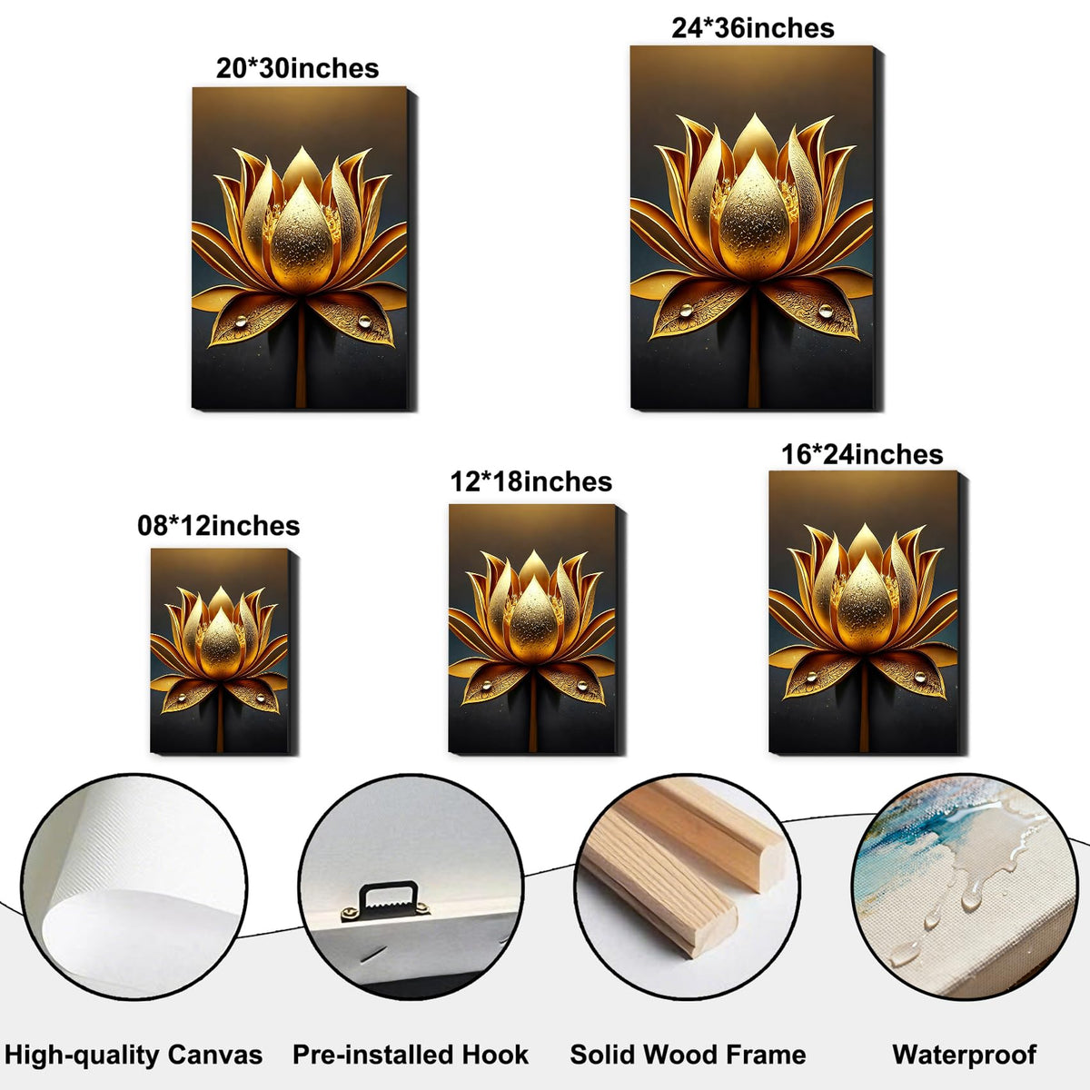 Framed Golden Lotus Canvas Wall Art for Living Room Decor (Pictures24 / 30"L x 20"W)