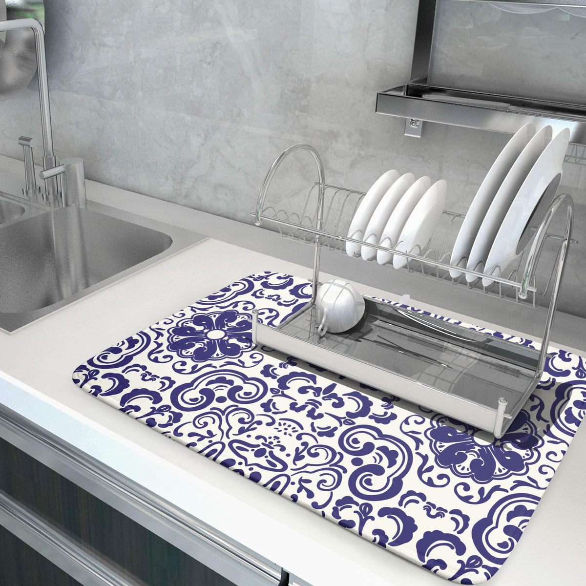 Boho Ethnic Design Dish Drying Mat for Kitchen Counter (Blue Boho Mandala230807 / 18" x 24")