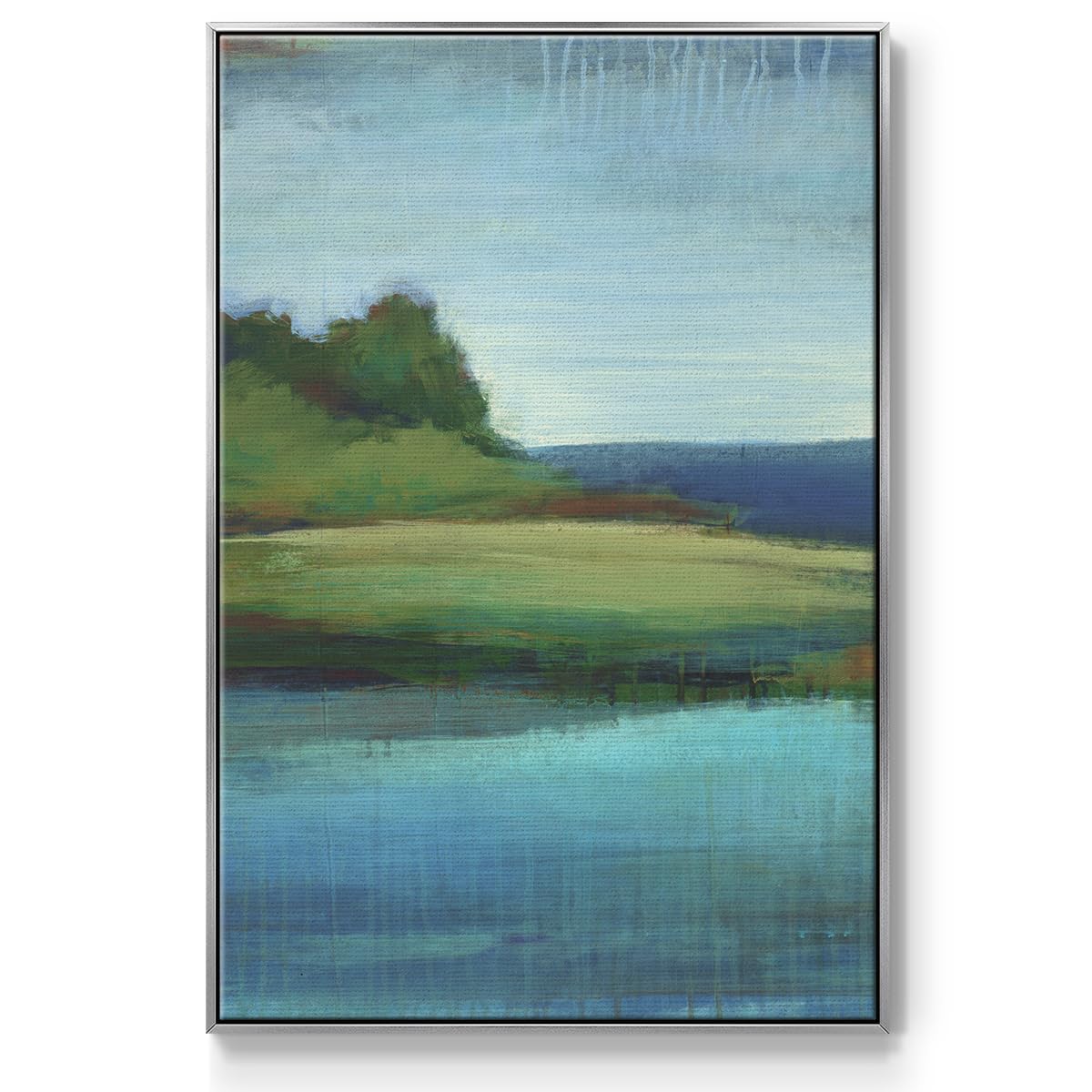 Canvas Nature Wall Art Home Paintings & Prints Green Calm Valley along Lakeside Abstract Silver Floater Frame Decorations for Office Kitchen Living Room (37"L x 25"W / Silent Lakeside I)