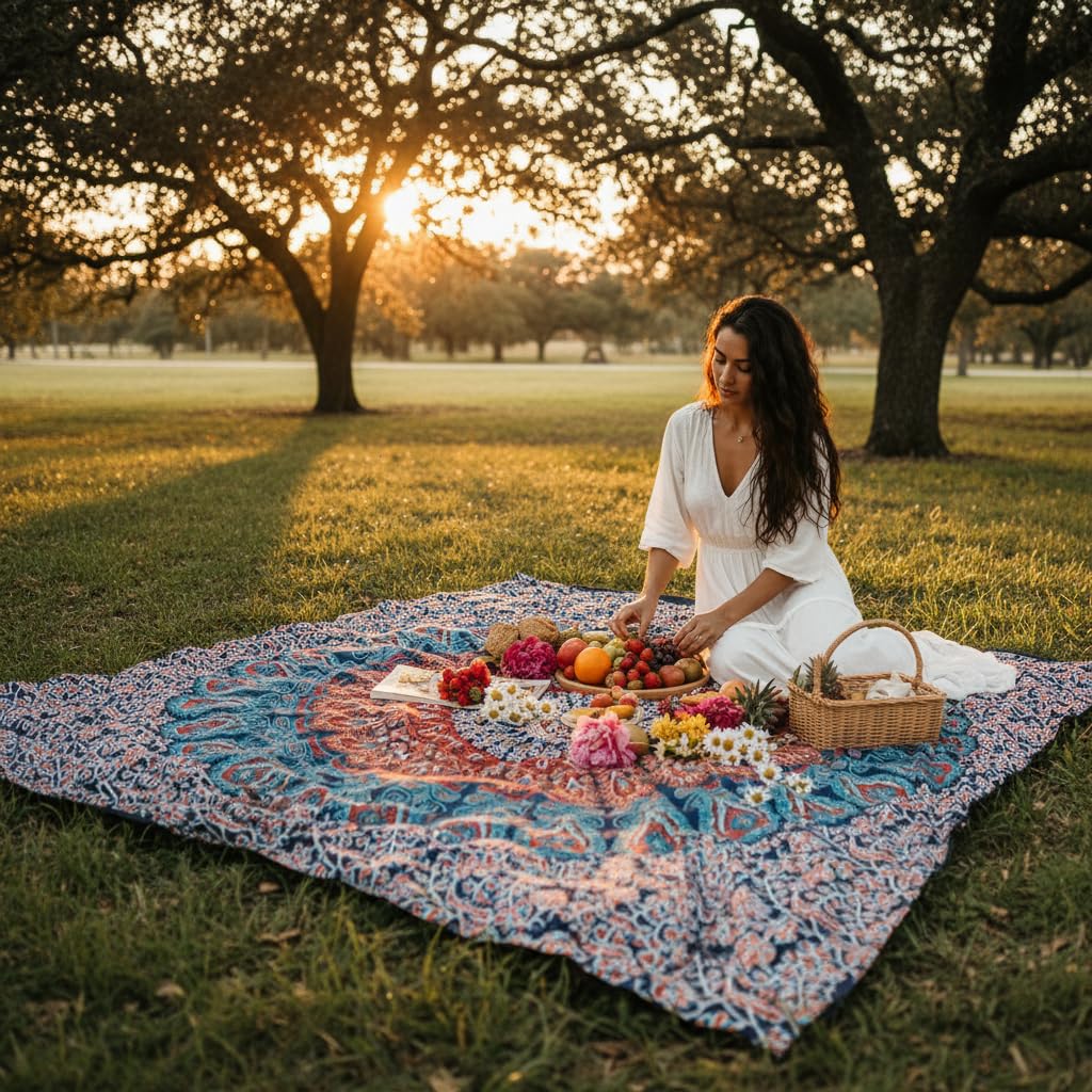Handmade Cotton Peacock Mandala Tapestry (60"L x 50"W / Golden Blue)