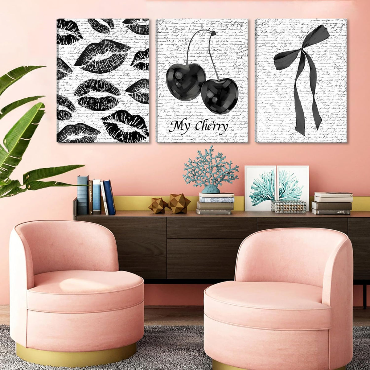 Black And White Canvas Wall Art Set of 3 (Black cherry canvas / 24L"x16W")