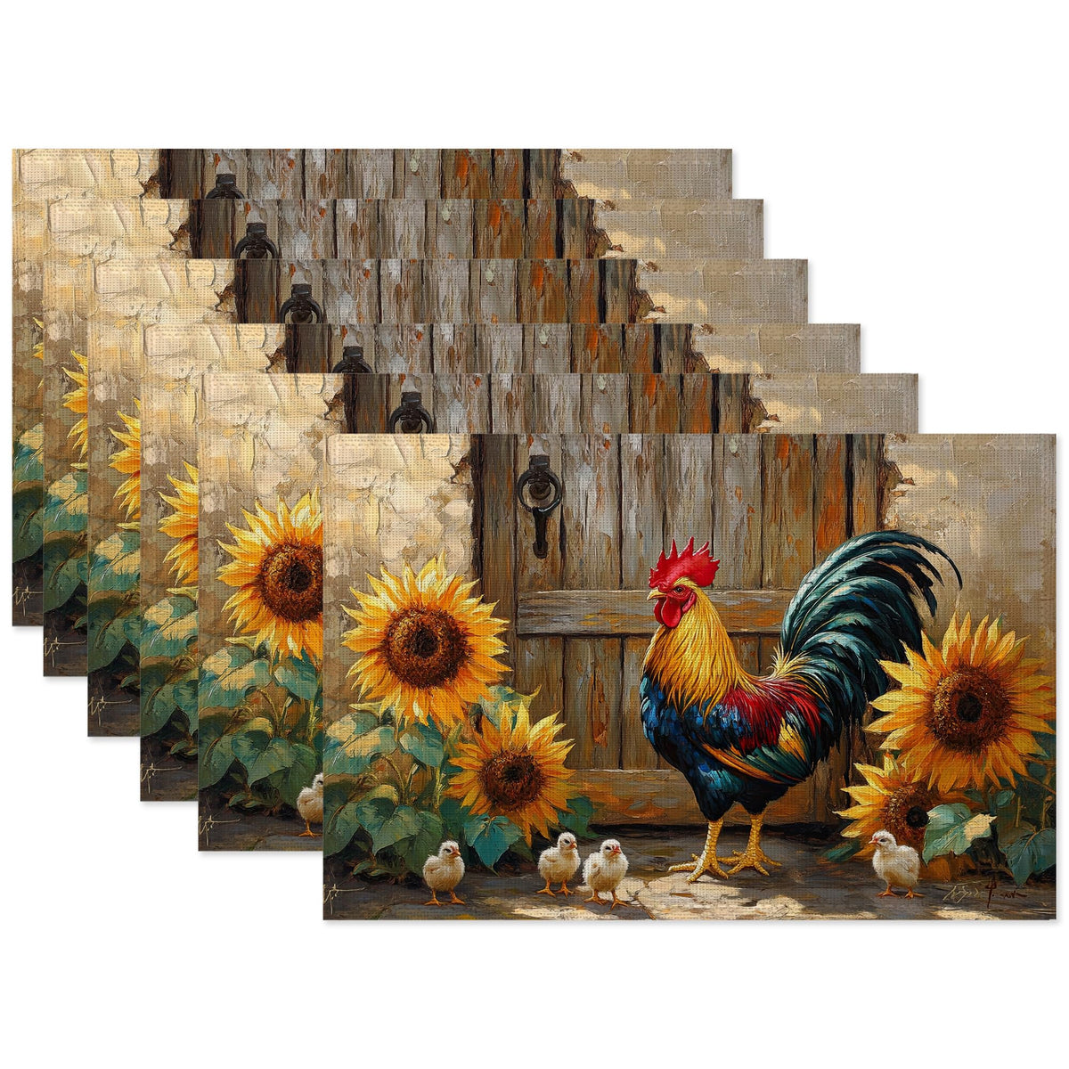 Vintage Farm Roosters Placemats Set of 6 (Vintage Farm Roosters Chicken Sunflower)