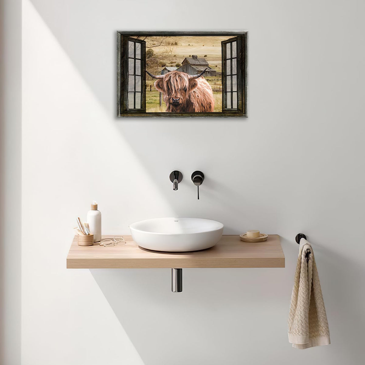 Highland Cow Wall Art Rustic Window Highland Cow Pictures Wall Decor Farmhouse Country Barn Canvas Prints Decorations Painting Artwork Office Home Decor For Bathroom Bedroom Dining Room 16L" X 24W" (Highland Cow / 16"L x 24"W)