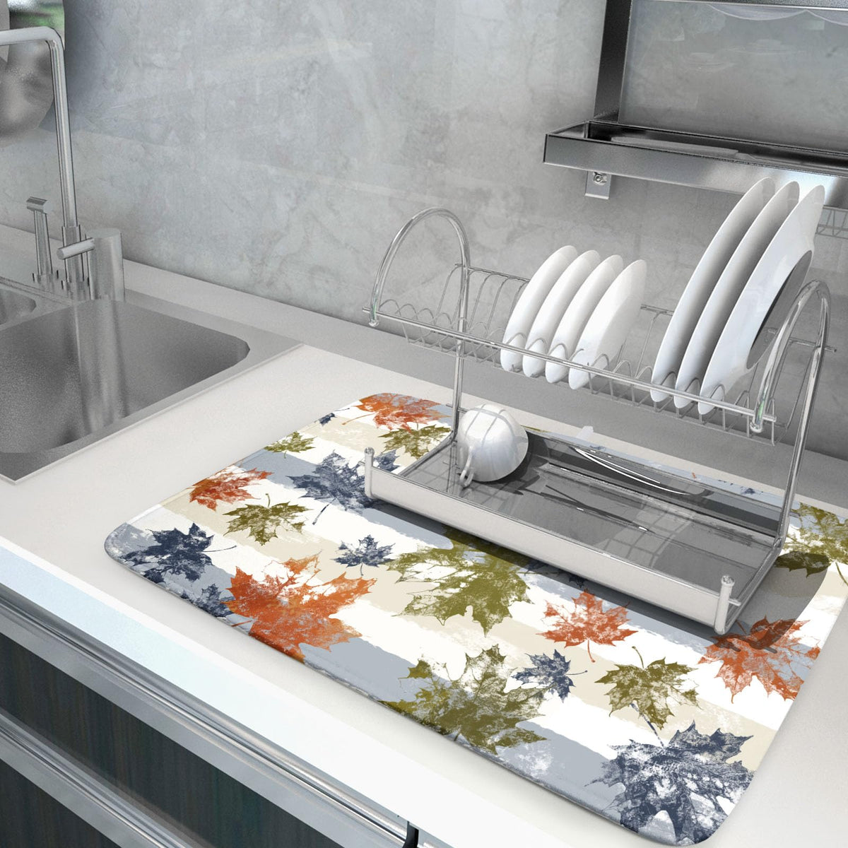 Autumn Colorful Maple Leaves Dish Drying Mat for Kitchen Counter (Colorful Maple Leave230807 / 18" x 24")