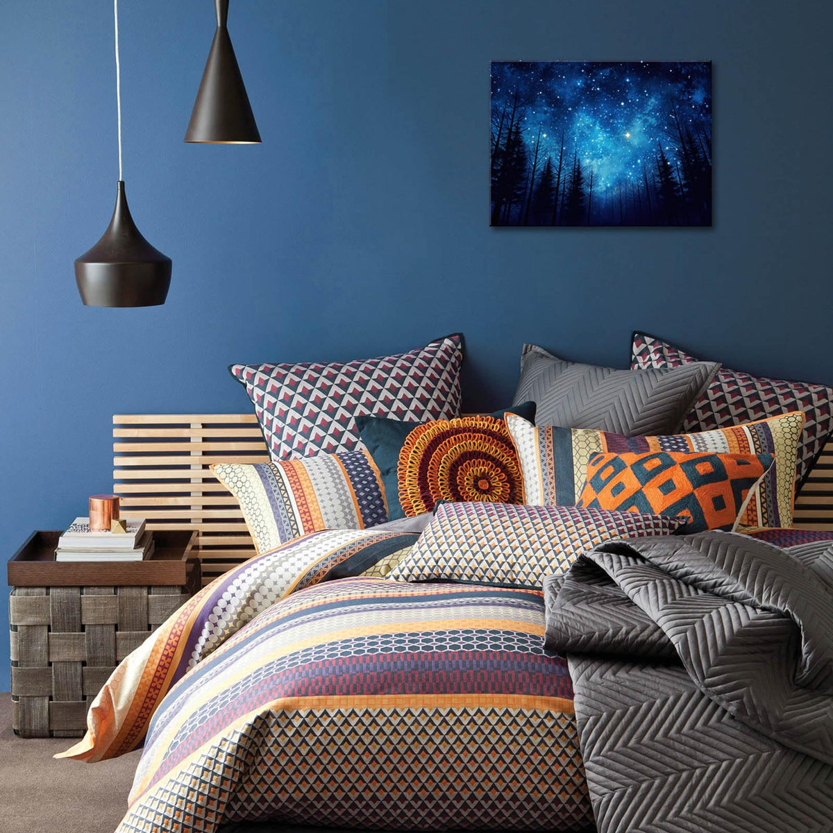 Blue Starry Night Forest Tree Silhouette Canvas Wall Art Nature Picture Prints for Bathroom Bedroom Living Room Kitchen Office Home Decoration Framed Ready to Hang 12" x 16" (16"L x 12"W / Forest 02)