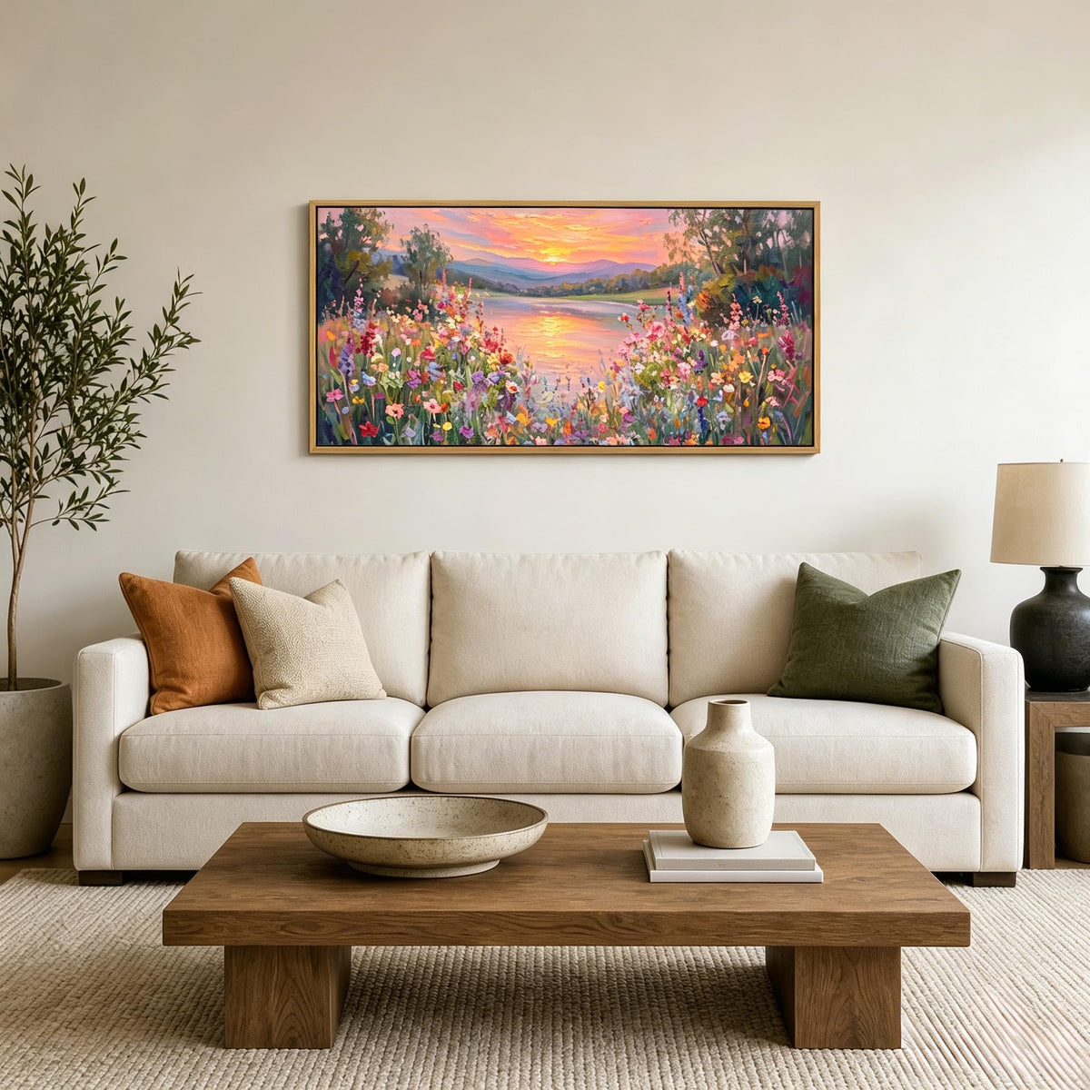 Large Floral Landscape Wall Art Wildflower Meadow Lake Sunset Painting Picture Colorful Botanical Flower Nature Canvas Wall Decor Distant Mountain Forest Print Artwork for Living Room Bedroom (Sunset / 48"L x 24"W)