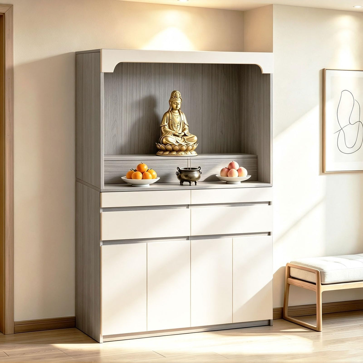 Altar Table Pooja Cabinet with Drawers and Storage Cabinets (55.1×15.7×65.4in / Beige+light Gray Wood Tone)