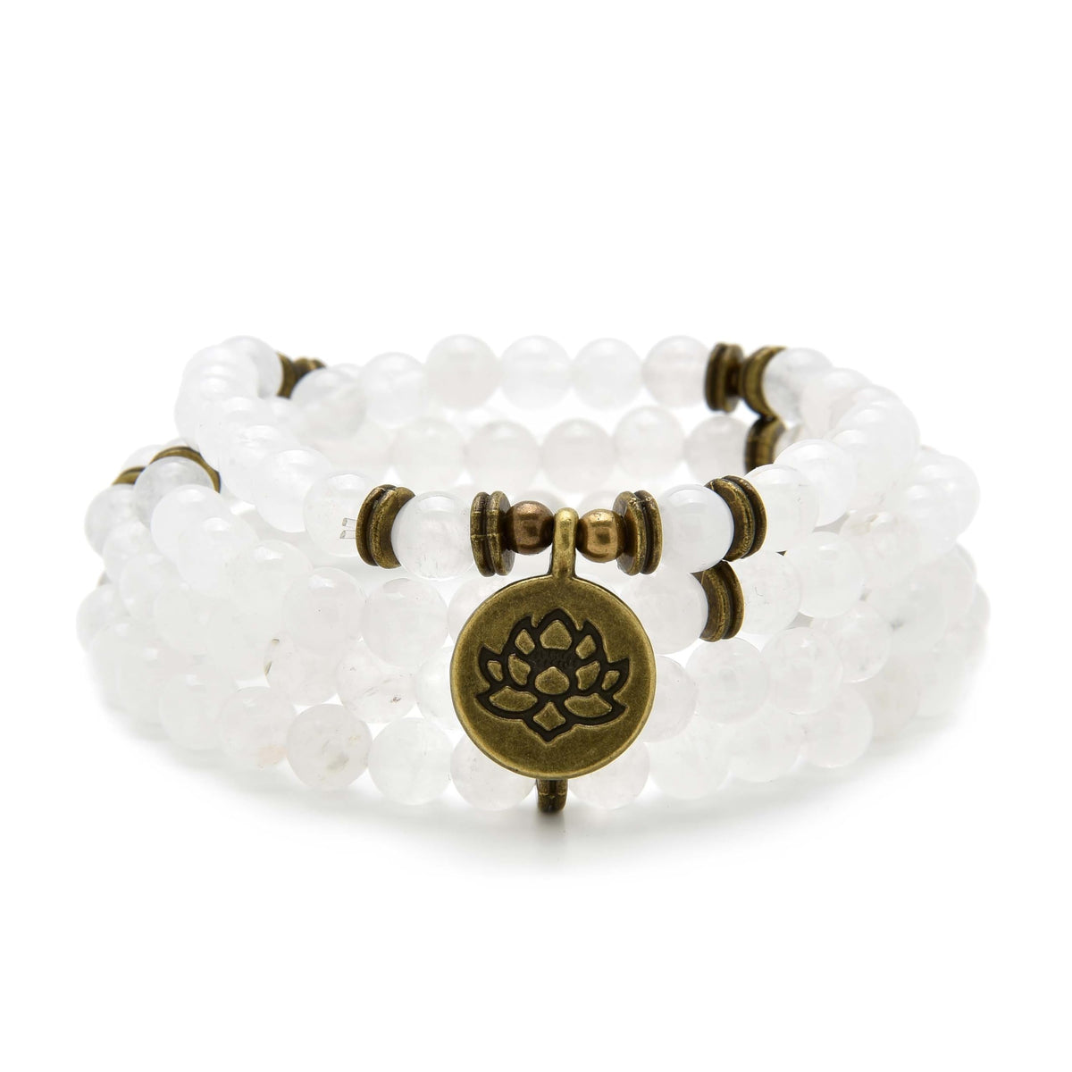 108 Healing Mala Beads Bracelet or Necklace with Gold Lotus Charm (White Jade)