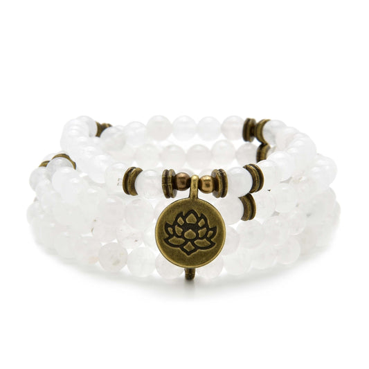 108 Healing Mala Beads Bracelet or Necklace with Gold Lotus Charm (White Jade)