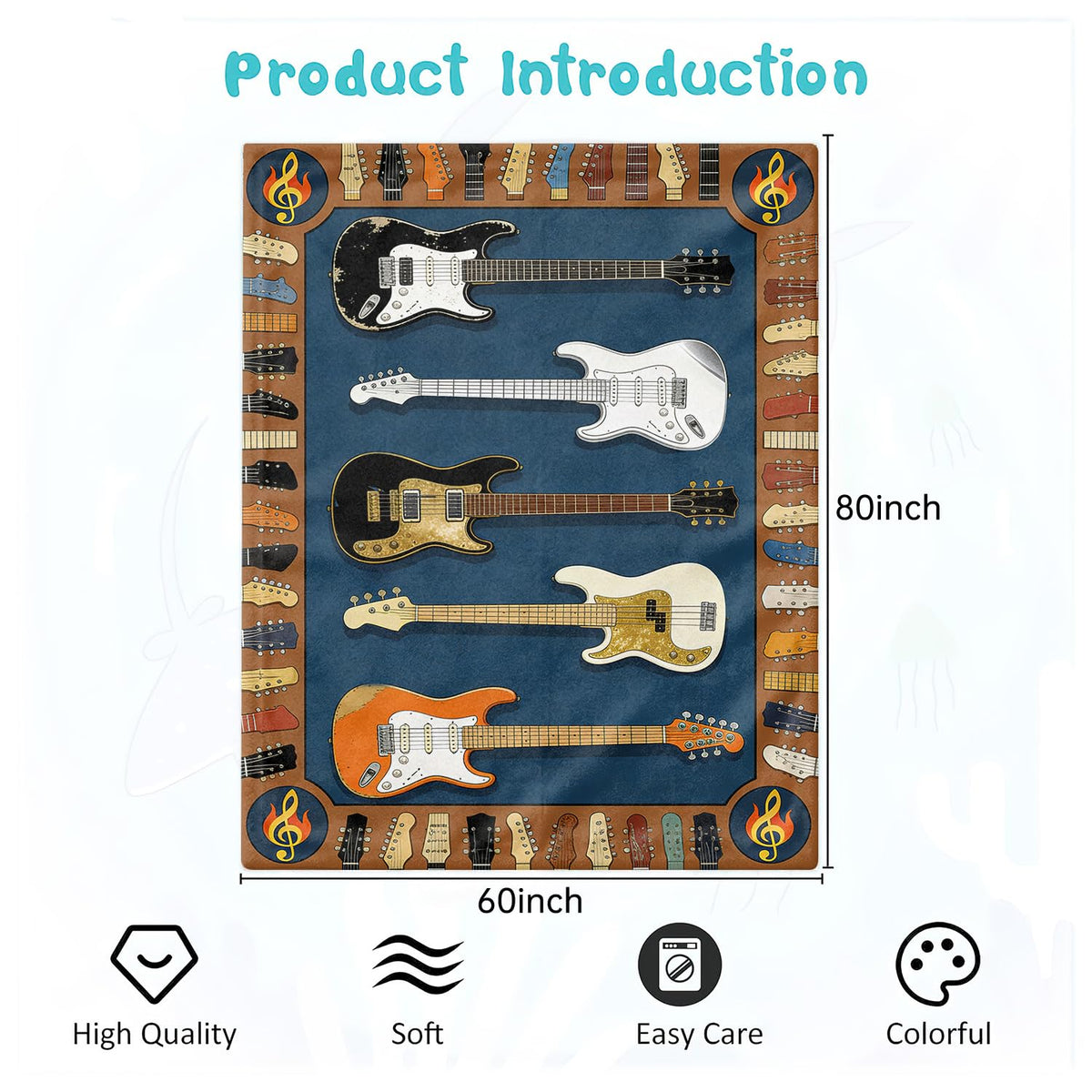 Guitar Throw Blanket Music Rock and Roll Cozy Soft Plush Flannel 60"X80" (Guitar / 60"X80")