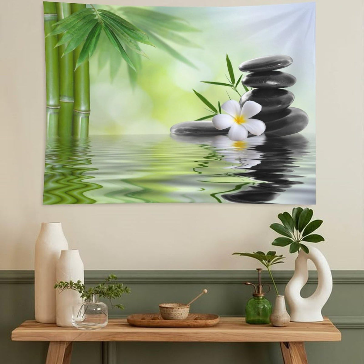 Zen Garden Tapestry Wall Hanging Spa Green Bamboo Black Stone White Flower Tapestries Home Decor for Living Room Bedroom Farmhouse Apartment Dorm 60"x90" (60"L x 90"W / Zen-18)