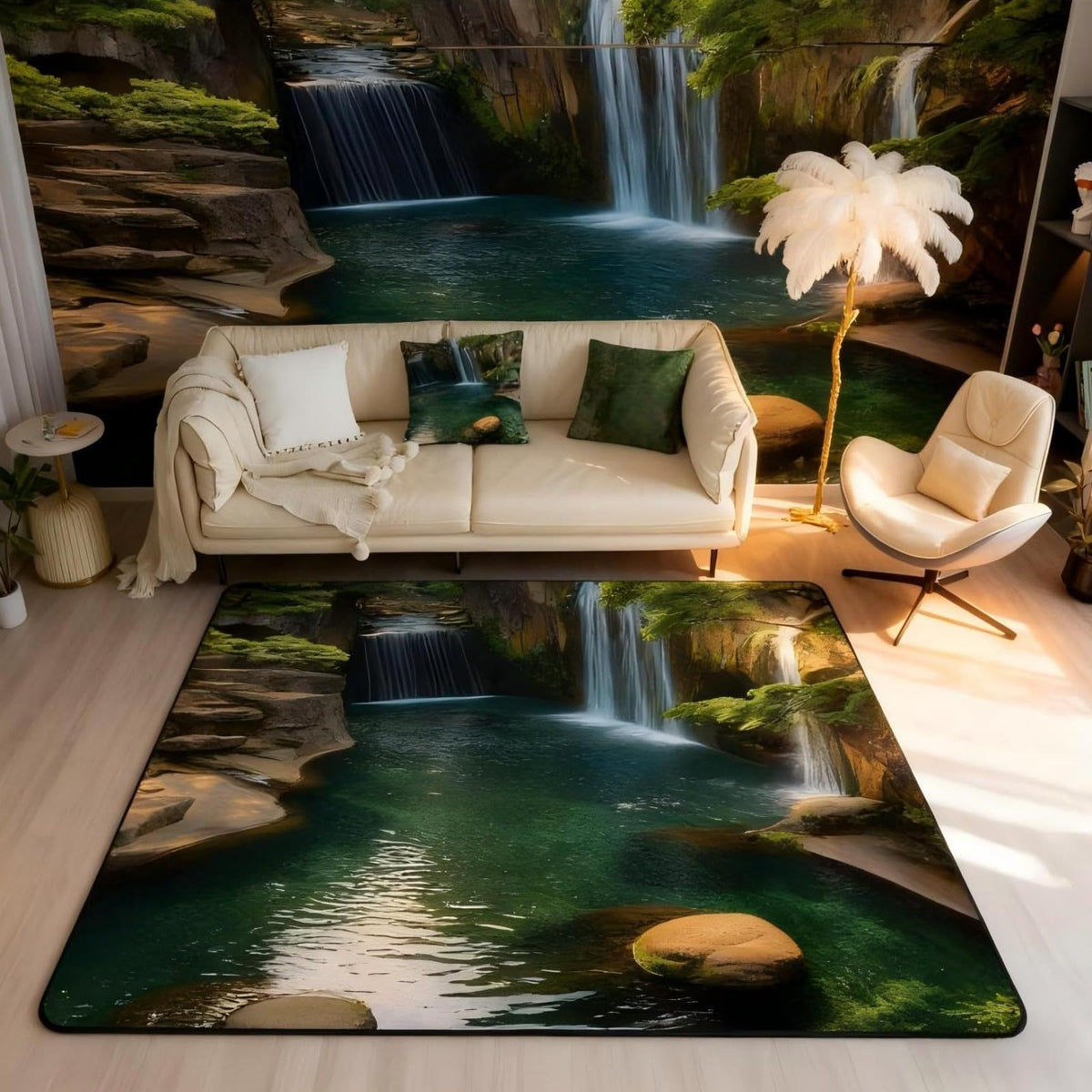 Waterfall 3 x 5 Area Rug Lake Cascade Scenery Rugs for Living Room (Green Brown / 3'3" x 4'11" (Rectangular))