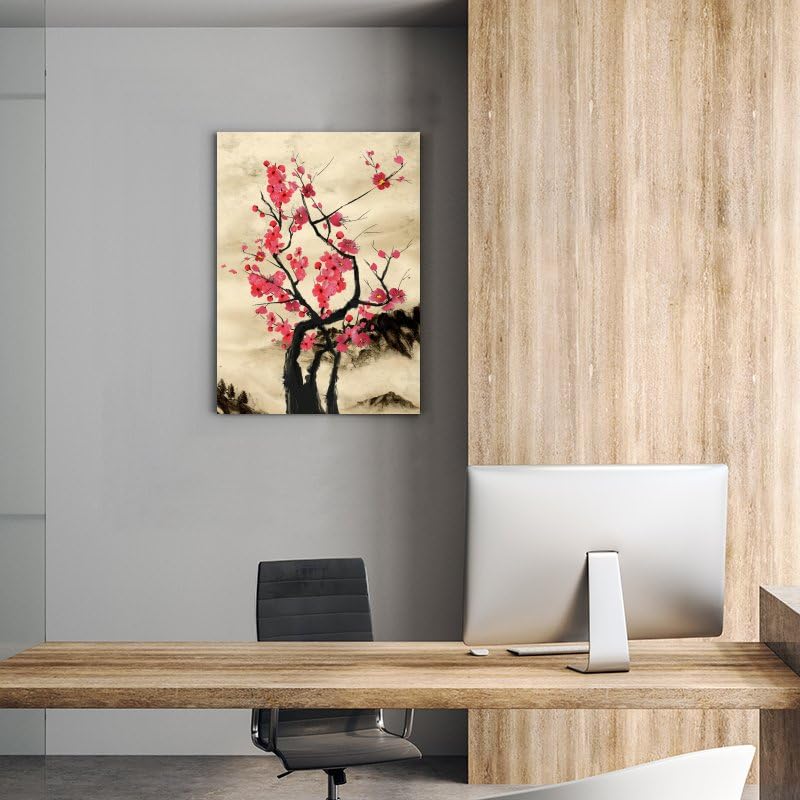 Cherry Blossom Branch Print Traditional Japanese Sakura Poster Wall Art living Room Wall Hang Flowers Canvas Decor Framed 8"X12" (12"L x 8"W / Frame-5)