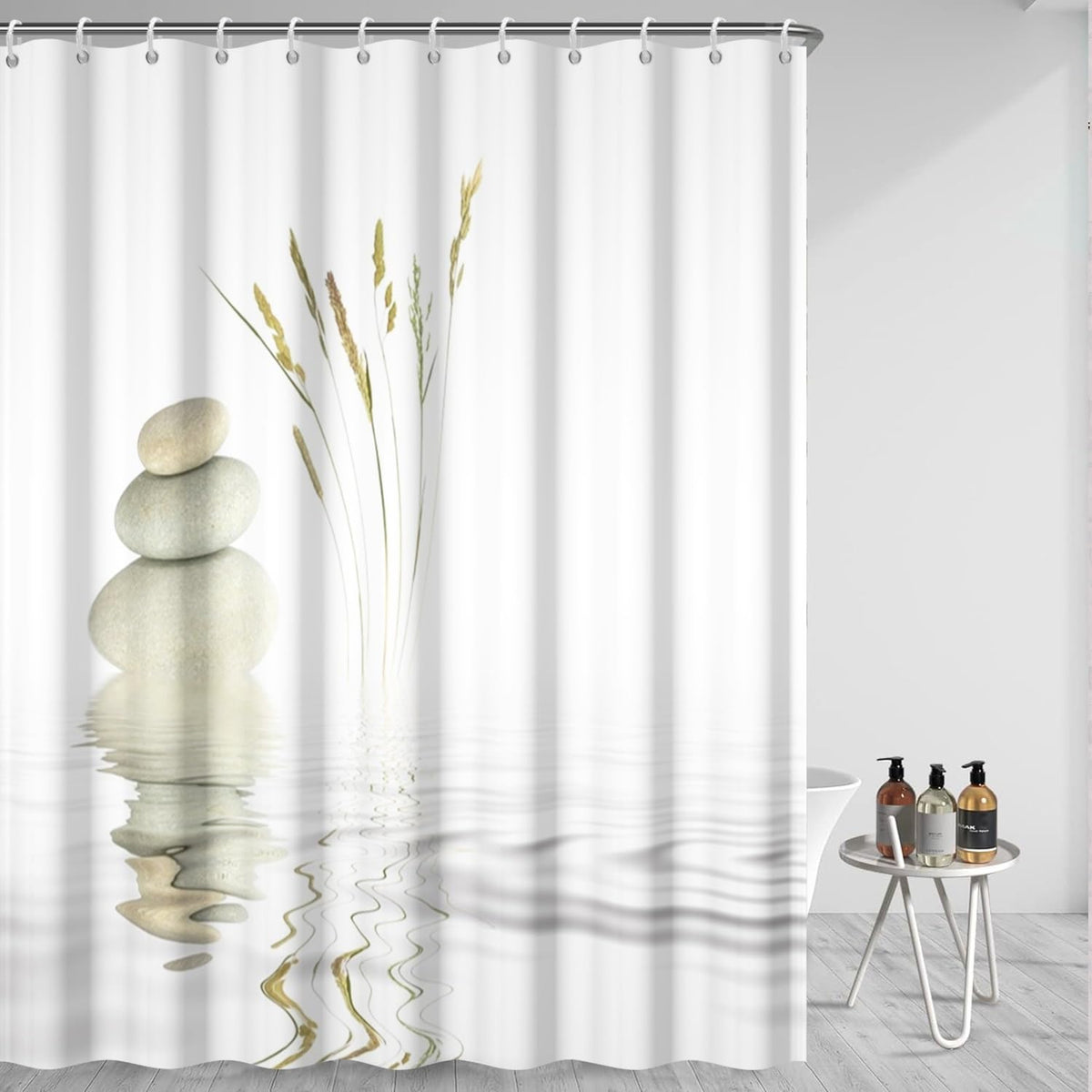 Zen Spa Shower Curtain Zen Stone Wild Grass Reflection in Water Meditation Design Bath Curtain Waterproof Polyester Fabric Bathroom Decor Set with Hooks 72x84inch (72"W x 84"L (Pack of 1) / White)