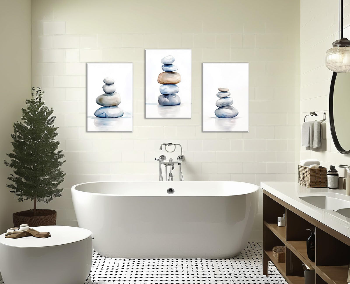 Zen Canvas Wall Art 3Pcs Spa Stones Picture Meditation Spiritual Painting Balancing Stones Watercolor Poster for Living Room Yoga Room Bathroom Wall Decor Framed (Zen-8 / 12.00"x16.00"x3P)