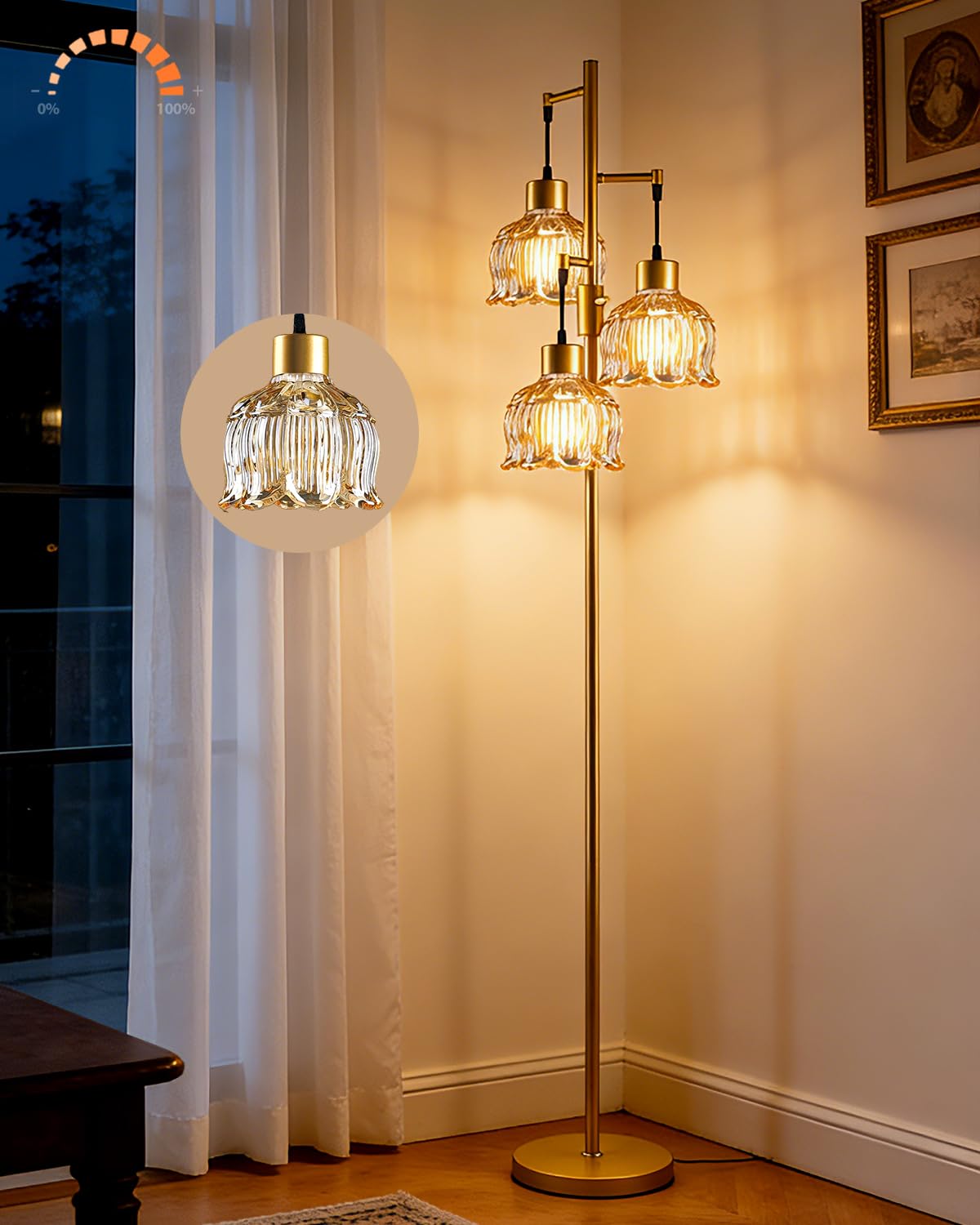 Floral Floor Lamp Dimmable Floor Flower Lamp Amber Glass Shade (3 Amber Cloche Hat-Gold)