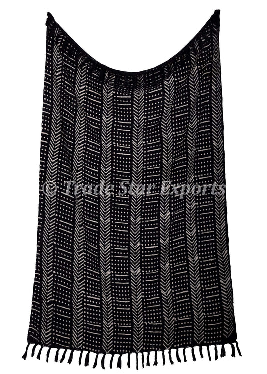 100% Cotton Mudcloth Throw Blanket (Black / Snow (120 x 170 Cms))