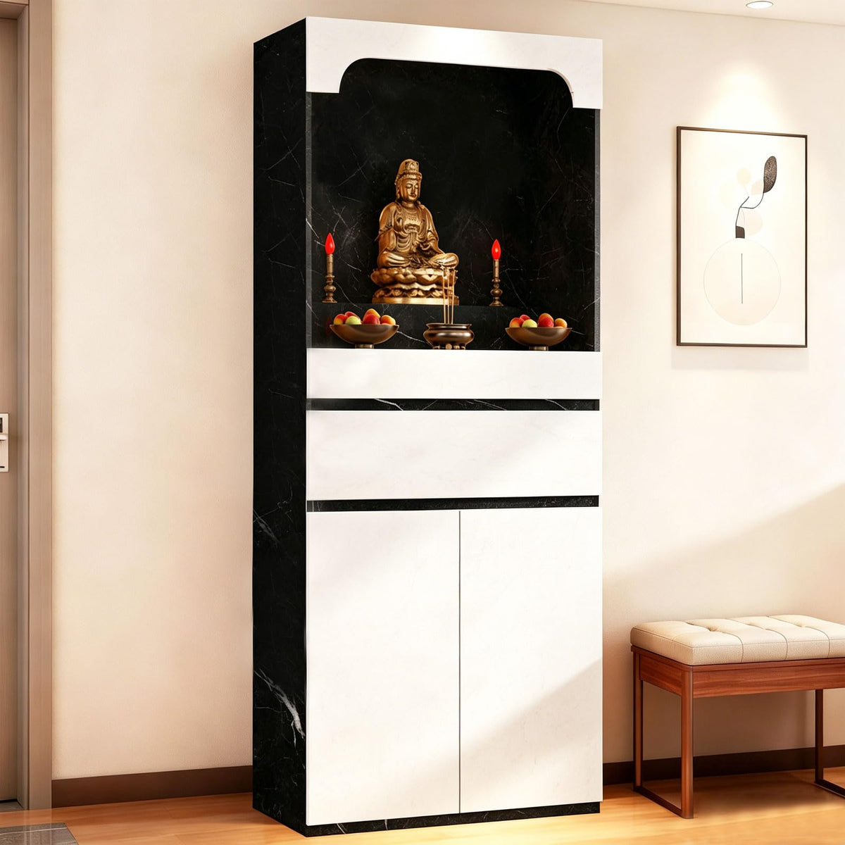 Altar Table Pooja Cabinet with Drawers and Storage Cabinets (23.6×15.7×65.4in / White+black Grain)