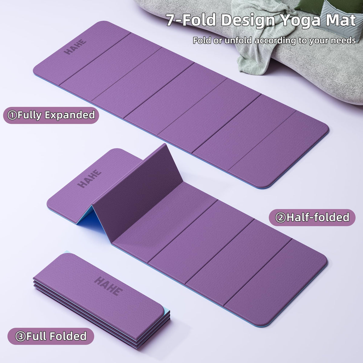 7 Fold Design Extra Thick Yoga Mat 72"L x 24"W x 0.47" (Purple & Sky Blue)
